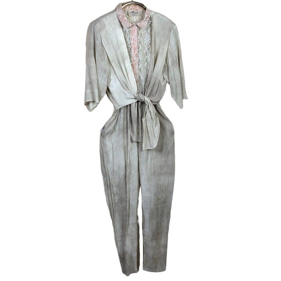 Vintage 80s On The Rocks Jumpsuit Lace Crinkle Wrinkle Tie Front - Picture 14 of 16